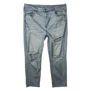 American Eagle AE Mom Straight Jeans Stretch High Rise Ripped Light Wash 18 Plus